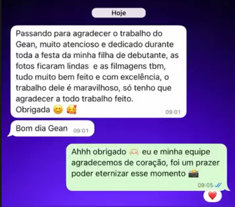 Depoimento de cliente por WhatsApp
